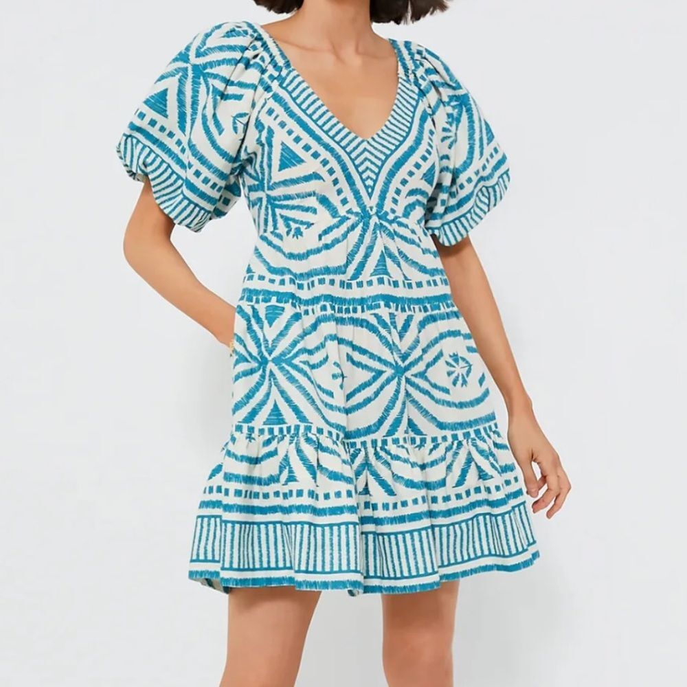 Omika Ila Mini Dress Puff Sleeves Pockets in Jolie Lagoon Size XS Vacation